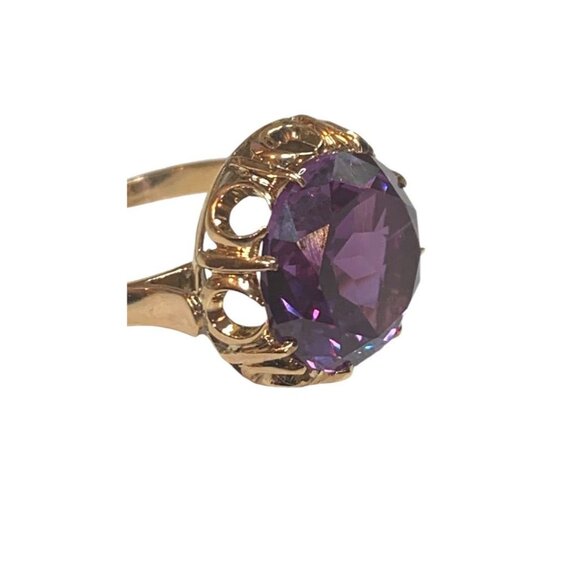 14k Yellow Gold Lab Created Round Amethyst Solitaire Ring Size 7.5 - Picture 8 of 10